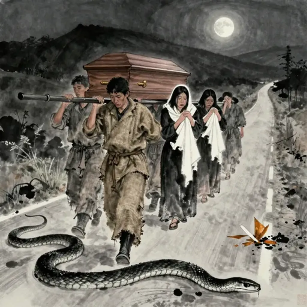 Ink brush artwork for the Yilin verse on Hexagram 34 changing to Hexagram 21