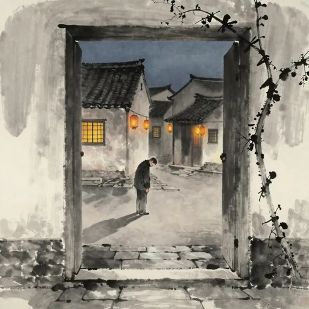 Ink brush artwork for the Yilin verse on Hexagram 34 changing to Hexagram 48