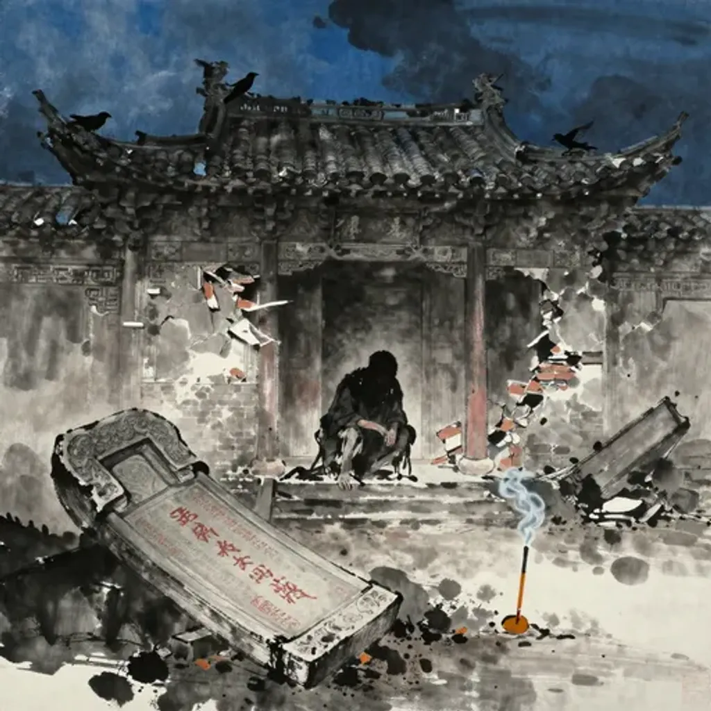 Ink brush artwork for the Yilin verse on Hexagram 34 changing to Hexagram 8