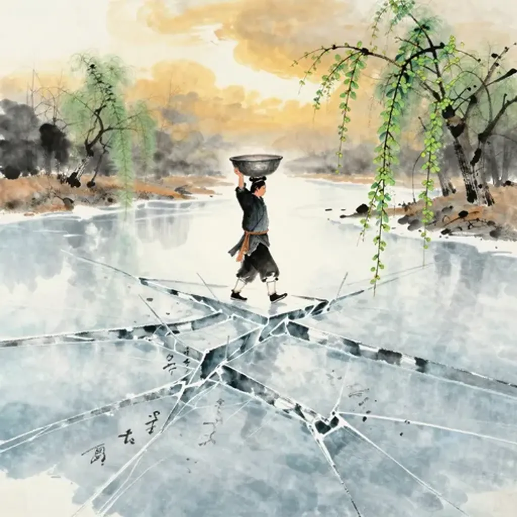 Ink brush artwork for the Yilin verse on Hexagram 35 changing to Hexagram 58