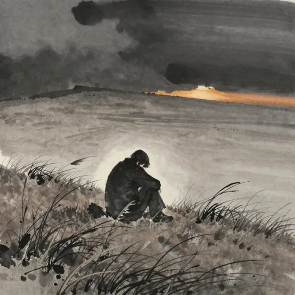 Ink brush artwork for the Yilin verse on Hexagram 36 changing to Hexagram 44