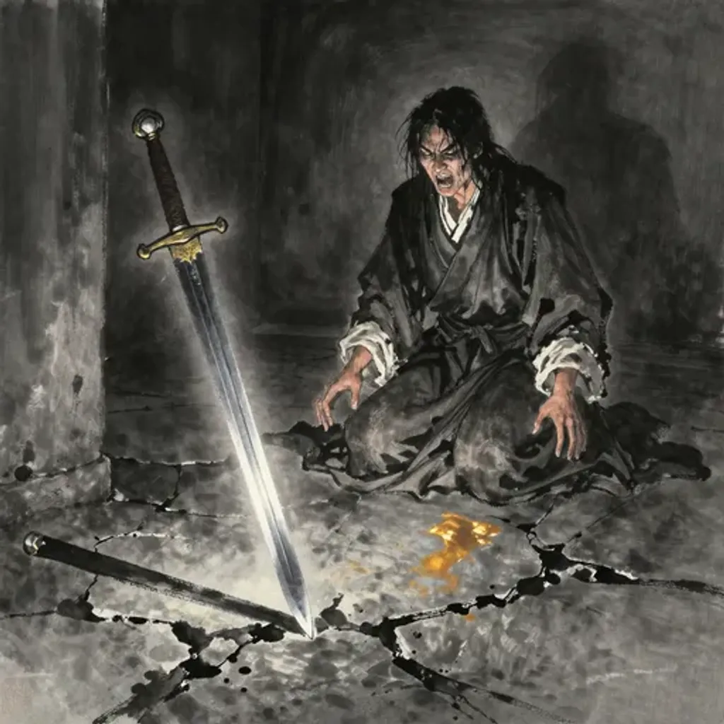 Ink brush artwork for the Yilin verse on Hexagram 36 changing to Hexagram 48