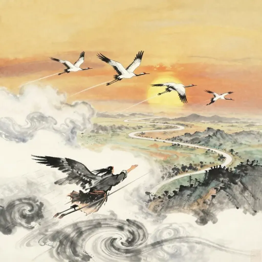 Ink brush artwork for the Yilin verse on Hexagram 36 changing to Hexagram 50
