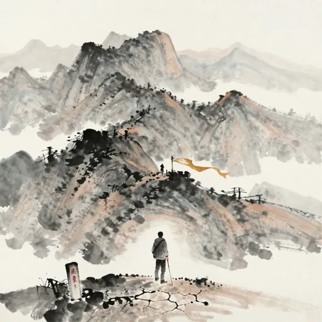 Ink brush artwork for the Yilin verse on Hexagram 38 changing to Hexagram 12