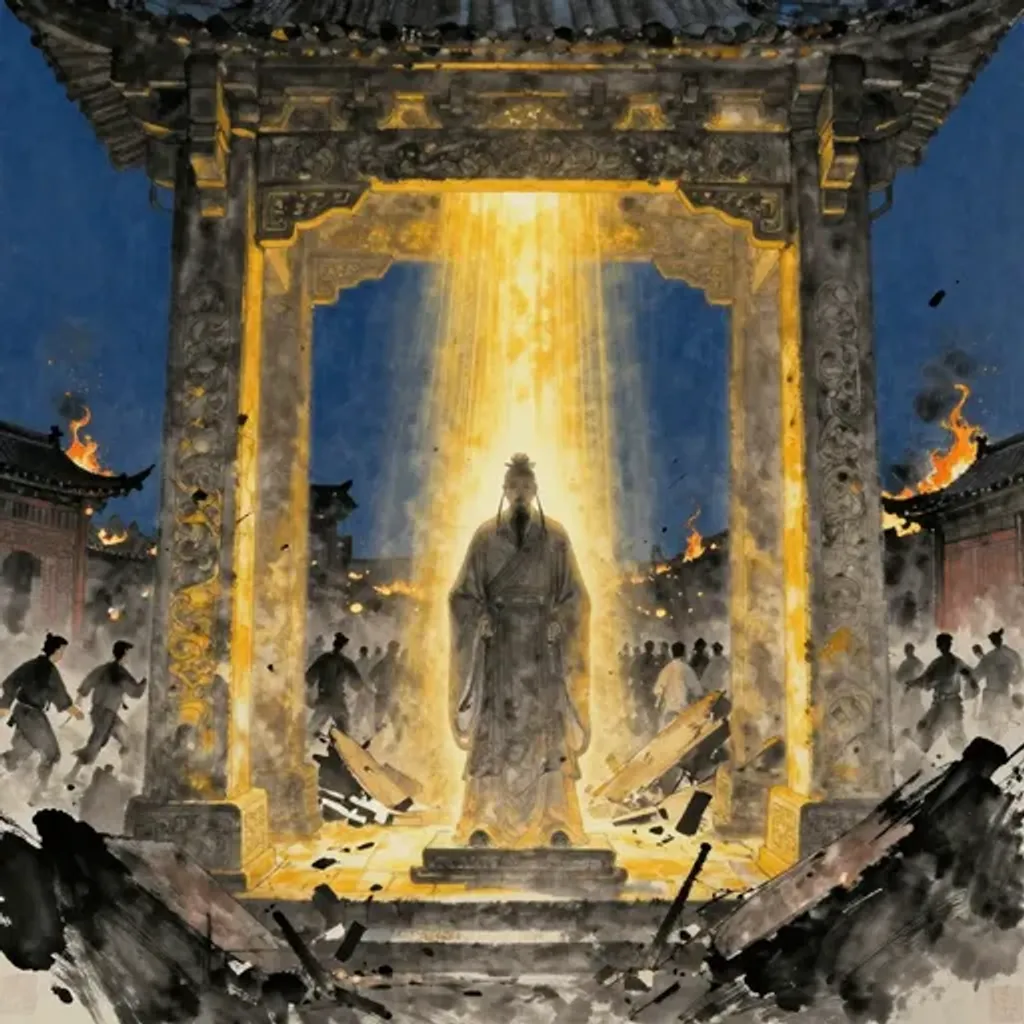 Ink brush artwork for the Yilin verse on Hexagram 38 changing to Hexagram 42