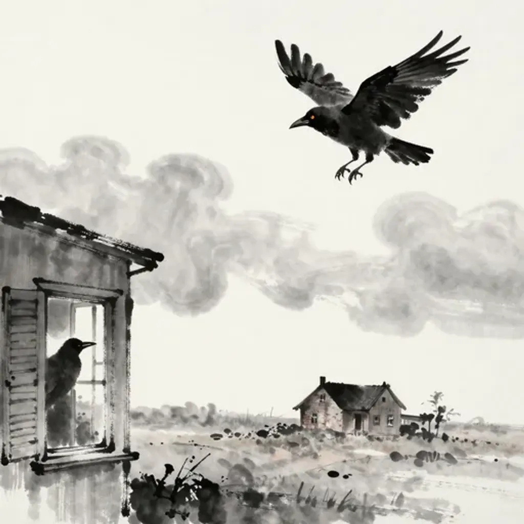 Ink brush artwork for the Yilin verse on Hexagram 38 changing to Hexagram 43