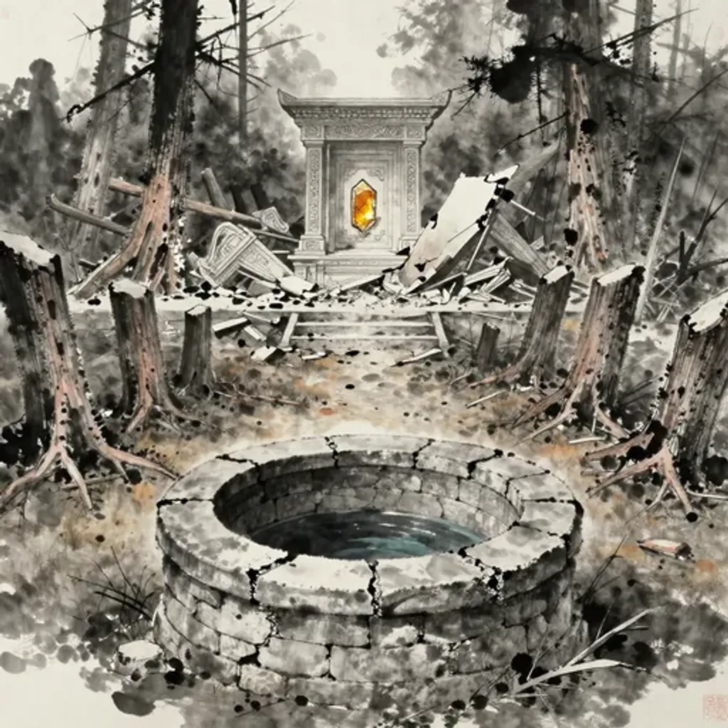 Ink brush artwork for the Yilin verse on Hexagram 38 changing to Hexagram 48