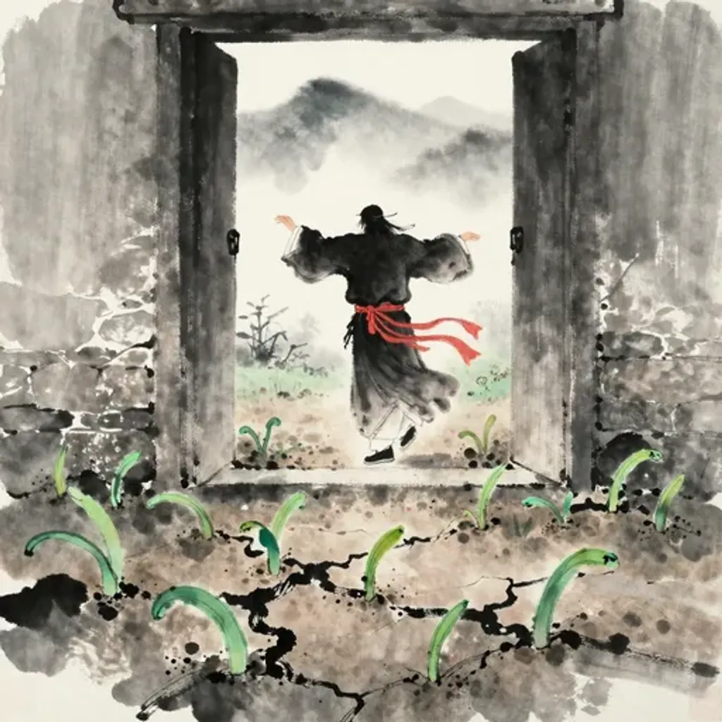 Ink brush artwork for the Yilin verse on Hexagram 39 changing to Hexagram 20