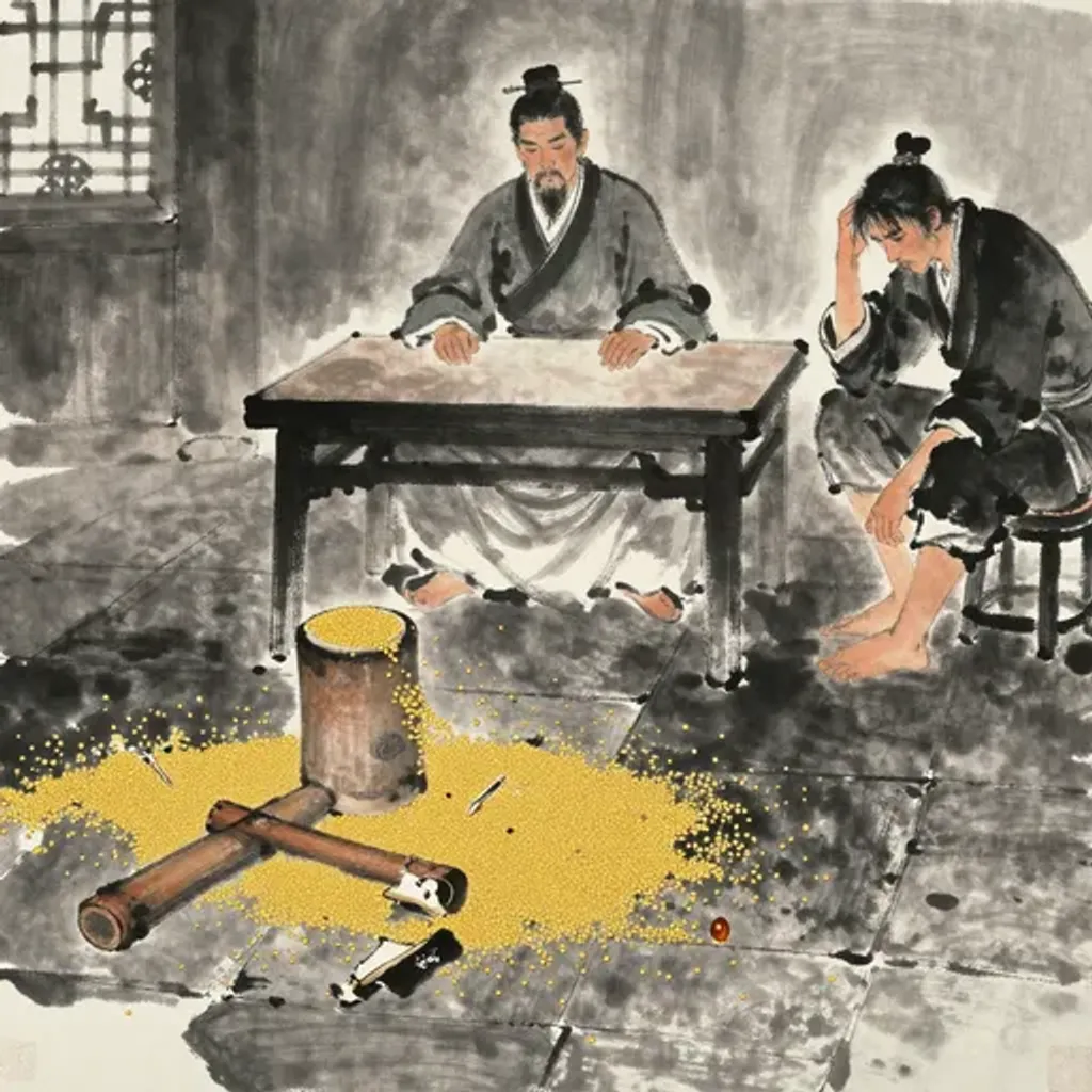 Ink brush artwork for the Yilin verse on Hexagram 39 changing to Hexagram 49