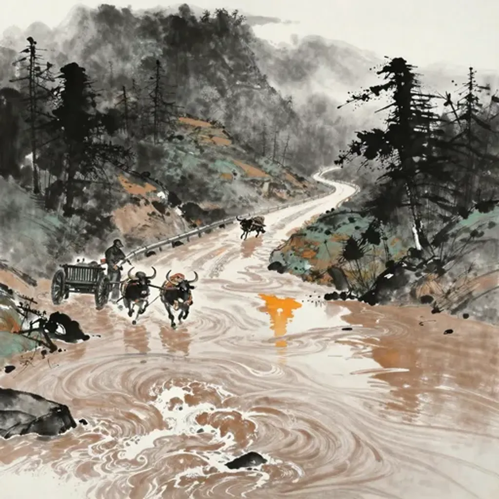 Ink brush artwork for the Yilin verse on Hexagram 39 changing to Hexagram 54