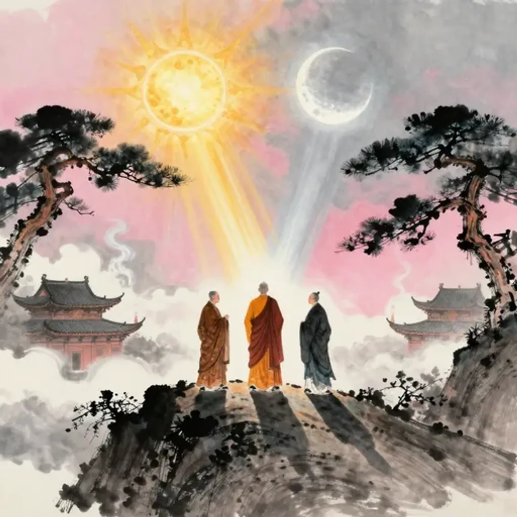 Ink brush artwork for the Yilin verse on Hexagram 4 changing to Hexagram 15