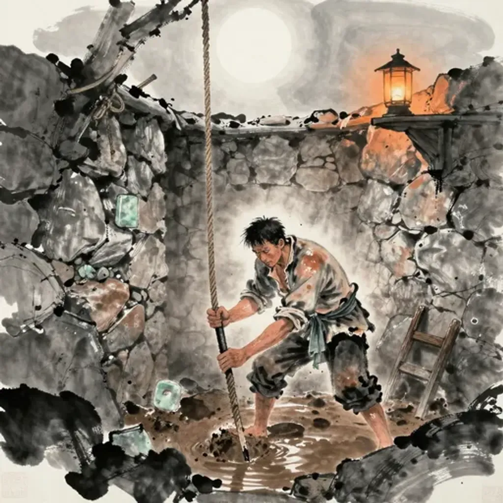 Ink brush artwork for the Yilin verse on Hexagram 4 changing to Hexagram 19