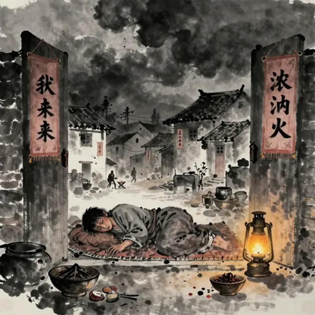 Ink brush artwork for the Yilin verse on Hexagram 4 changing to Hexagram 22