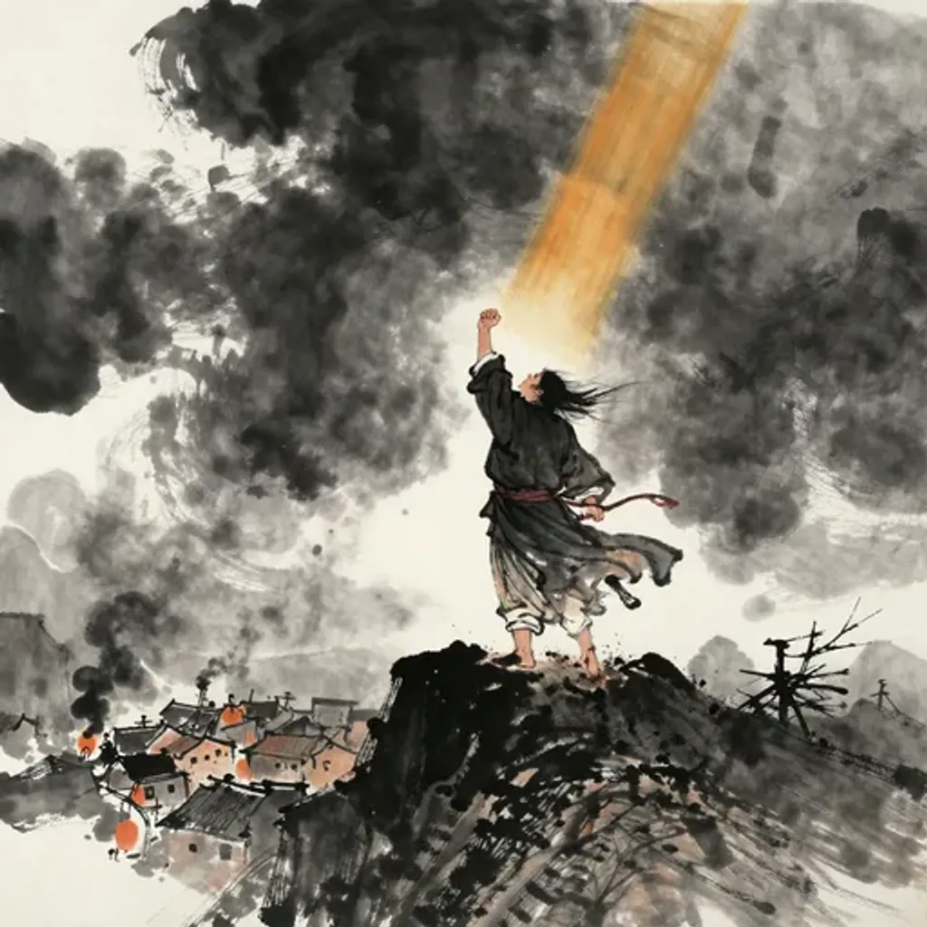 Ink brush artwork for the Yilin verse on Hexagram 4 changing to Hexagram 52