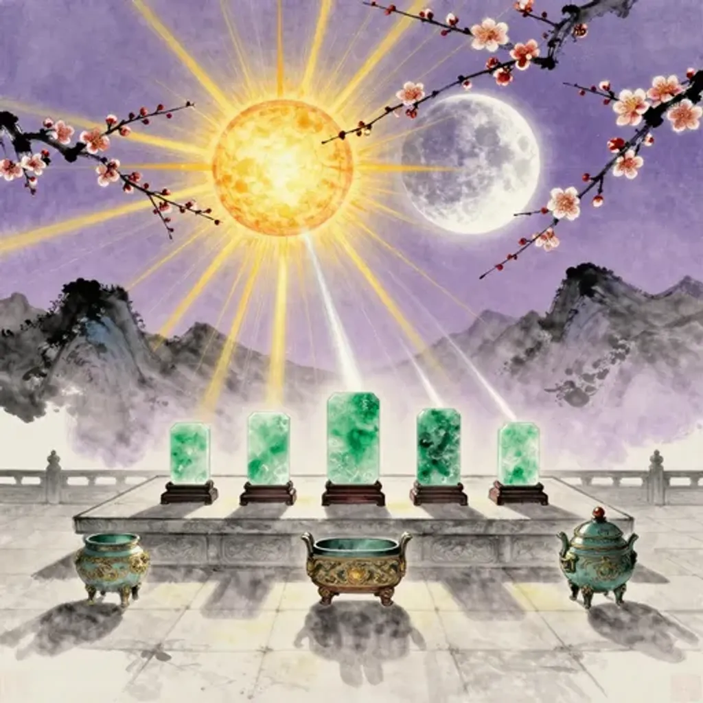 Ink brush artwork for the Yilin verse on Hexagram 4 changing to Hexagram 9