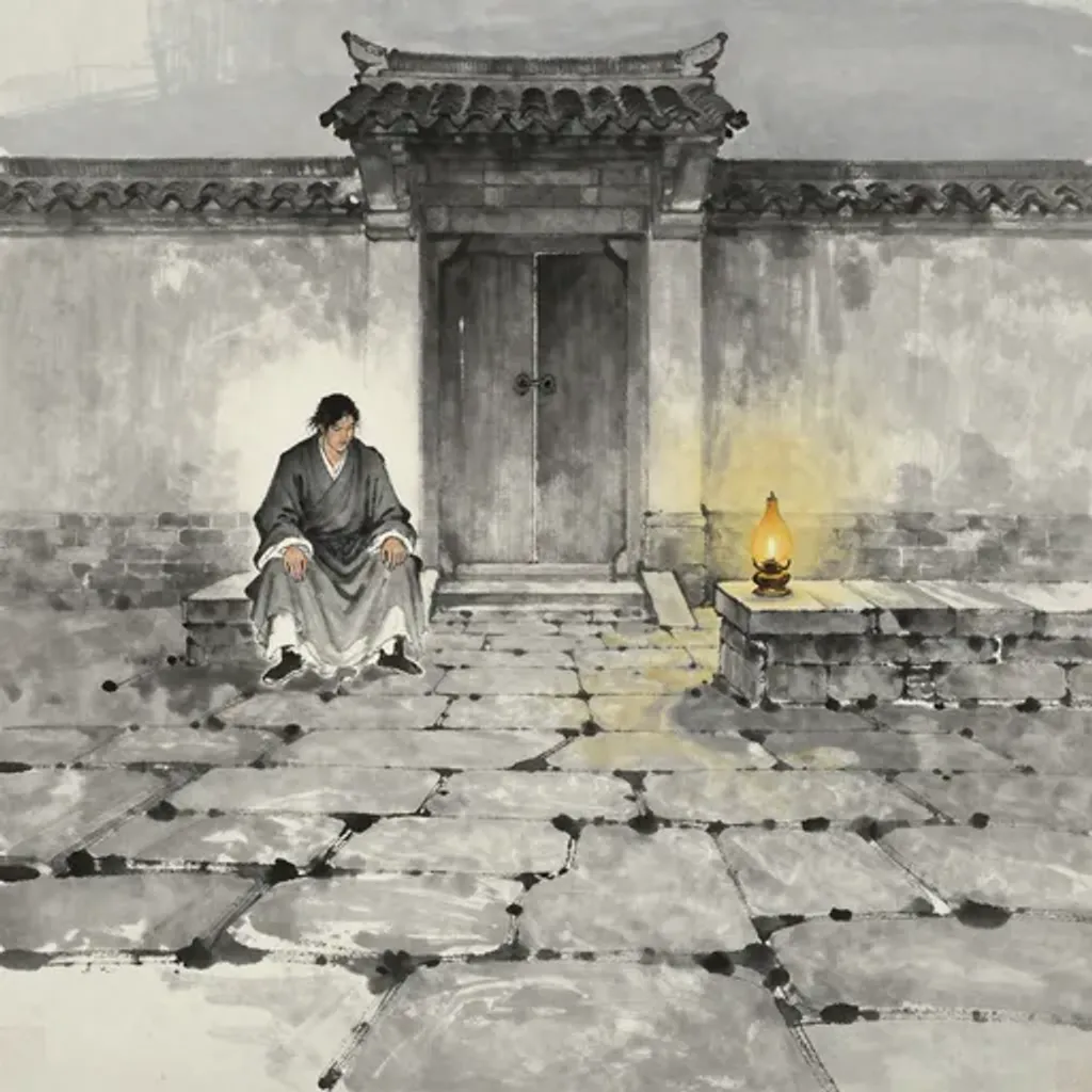 Ink brush artwork for the Yilin verse on Hexagram 40 changing to Hexagram 9