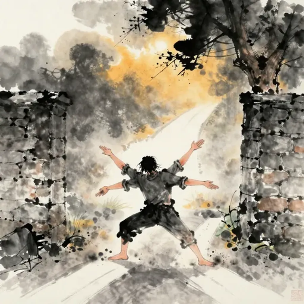Ink brush artwork for the Yilin verse on Hexagram 41 changing to Hexagram 4