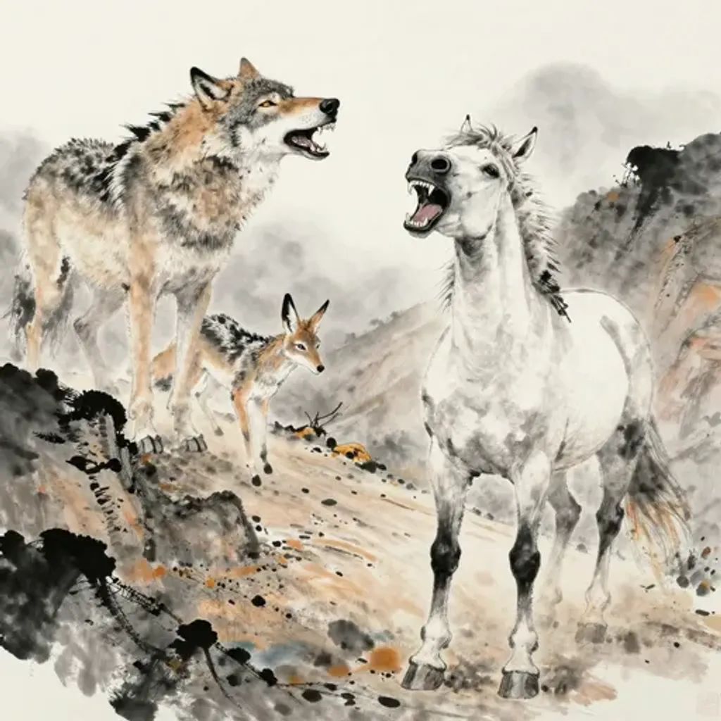 Ink brush artwork for the Yilin verse on Hexagram 41 changing to Hexagram 52