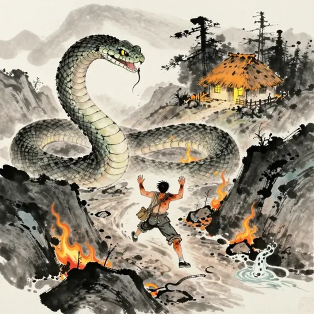 Ink brush artwork for the Yilin verse on Hexagram 41 changing to Hexagram 8