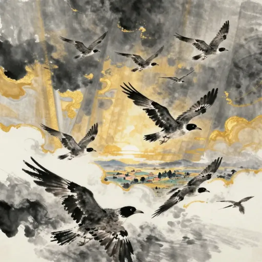 Ink brush artwork for the Yilin verse on Hexagram 42 changing to Hexagram 36