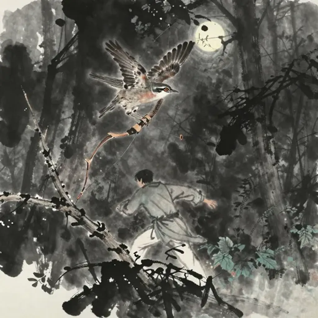 Ink brush artwork for the Yilin verse on Hexagram 42 changing to Hexagram 40