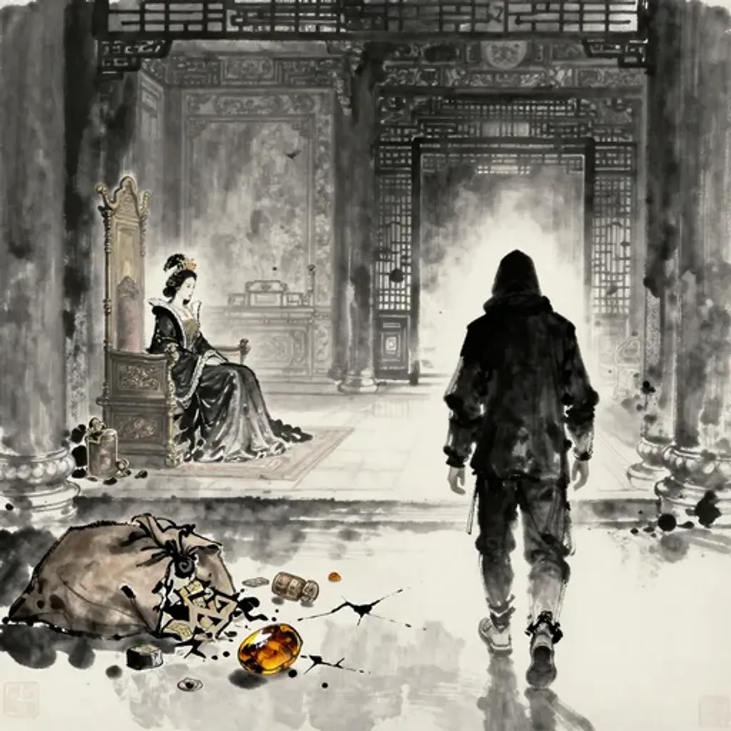 Ink brush artwork for the Yilin verse on Hexagram 42 changing to Hexagram 47