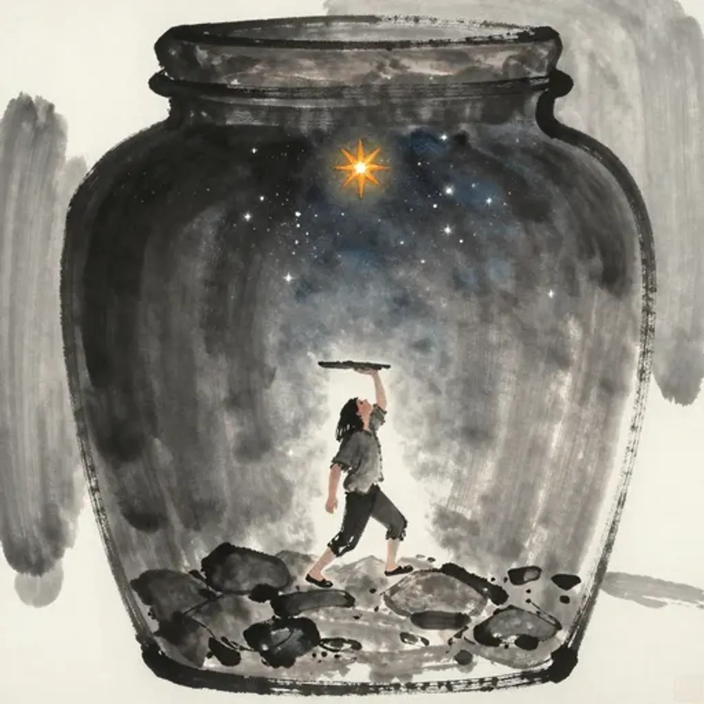 Ink brush artwork for the Yilin verse on Hexagram 42 changing to Hexagram 61