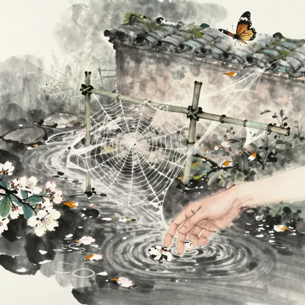 Ink brush artwork for the Yilin verse on Hexagram 43 changing to Hexagram 18