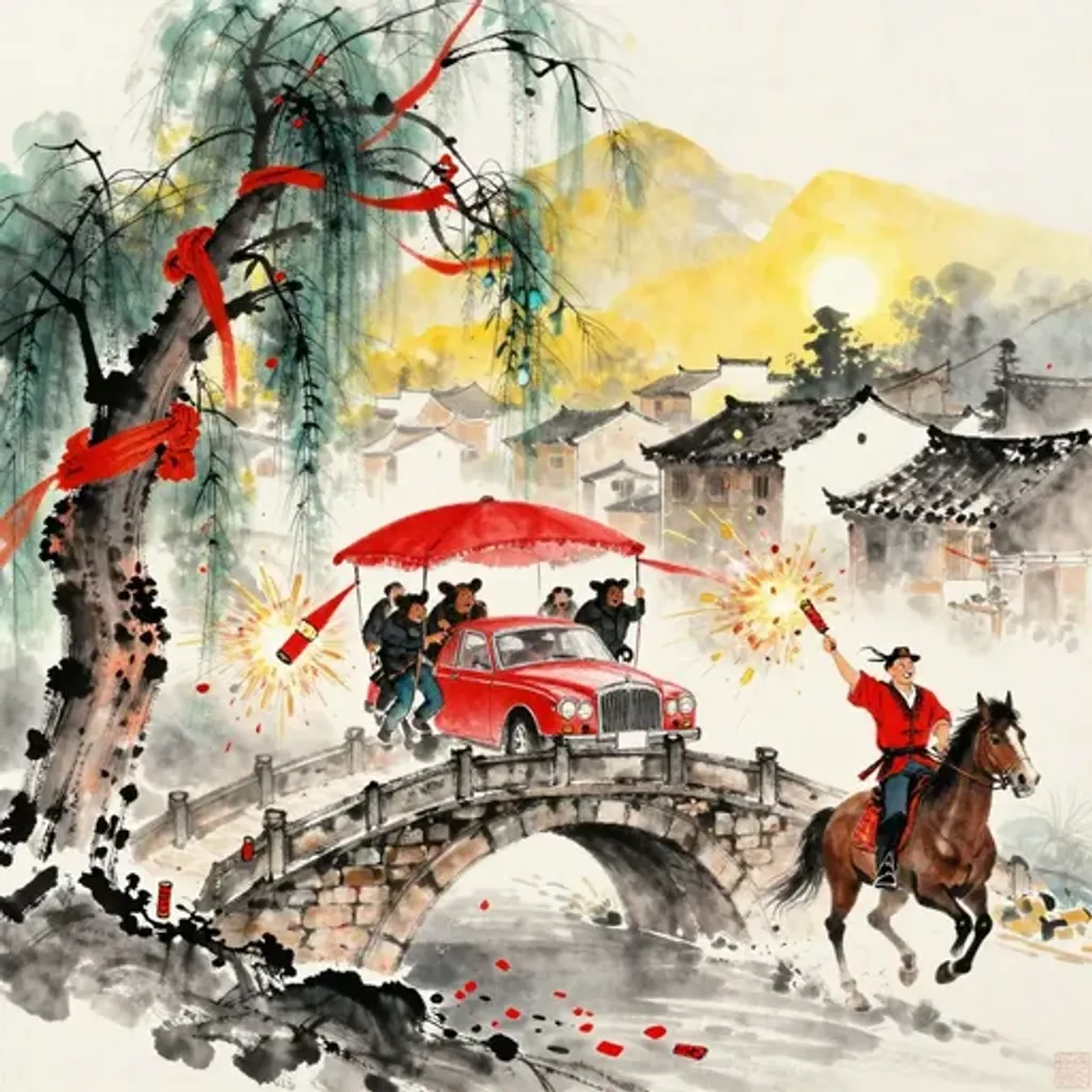 Ink brush artwork for the Yilin verse on Hexagram 43 changing to Hexagram 22