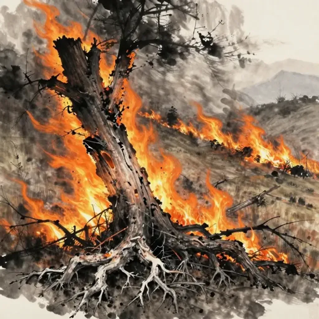 Ink brush artwork for the Yilin verse on Hexagram 43 changing to Hexagram 32