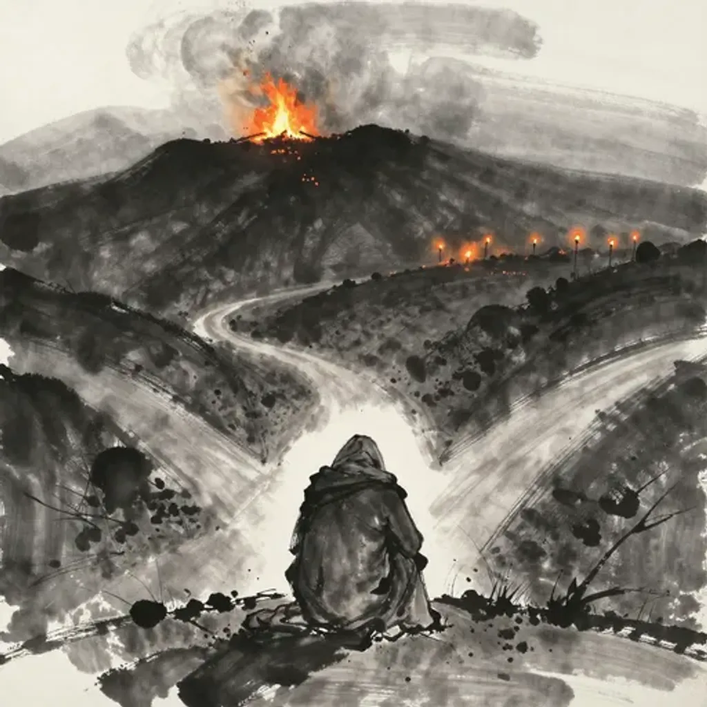 Ink brush artwork for the Yilin verse on Hexagram 43 changing to Hexagram 41