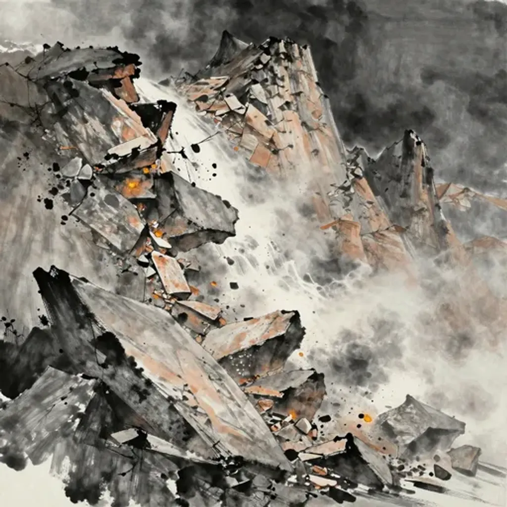 Ink brush artwork for the Yilin verse on Hexagram 43 changing to Hexagram 44