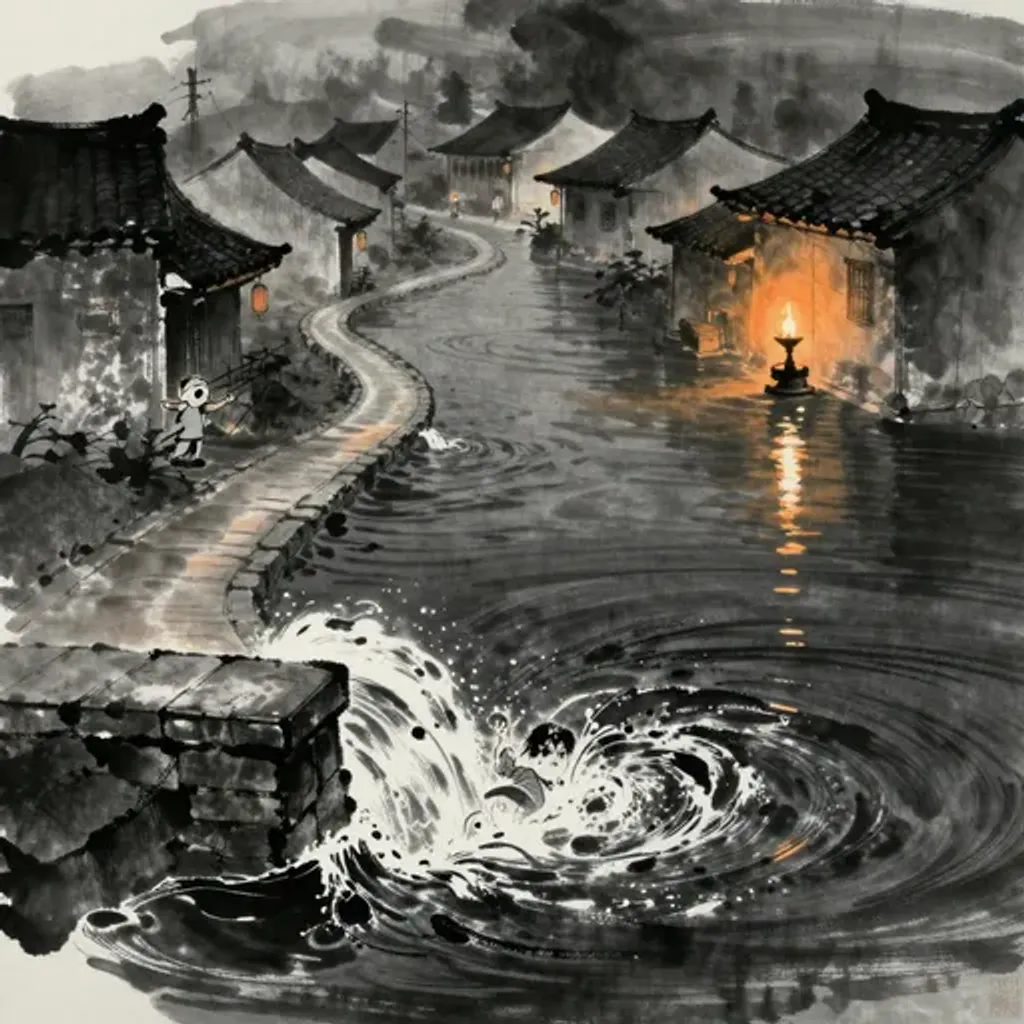 Ink brush artwork for the Yilin verse on Hexagram 43 changing to Hexagram 61