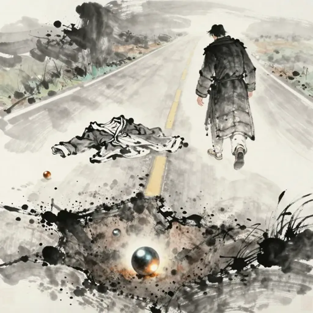 Ink brush artwork for the Yilin verse on Hexagram 43 changing to Hexagram 64