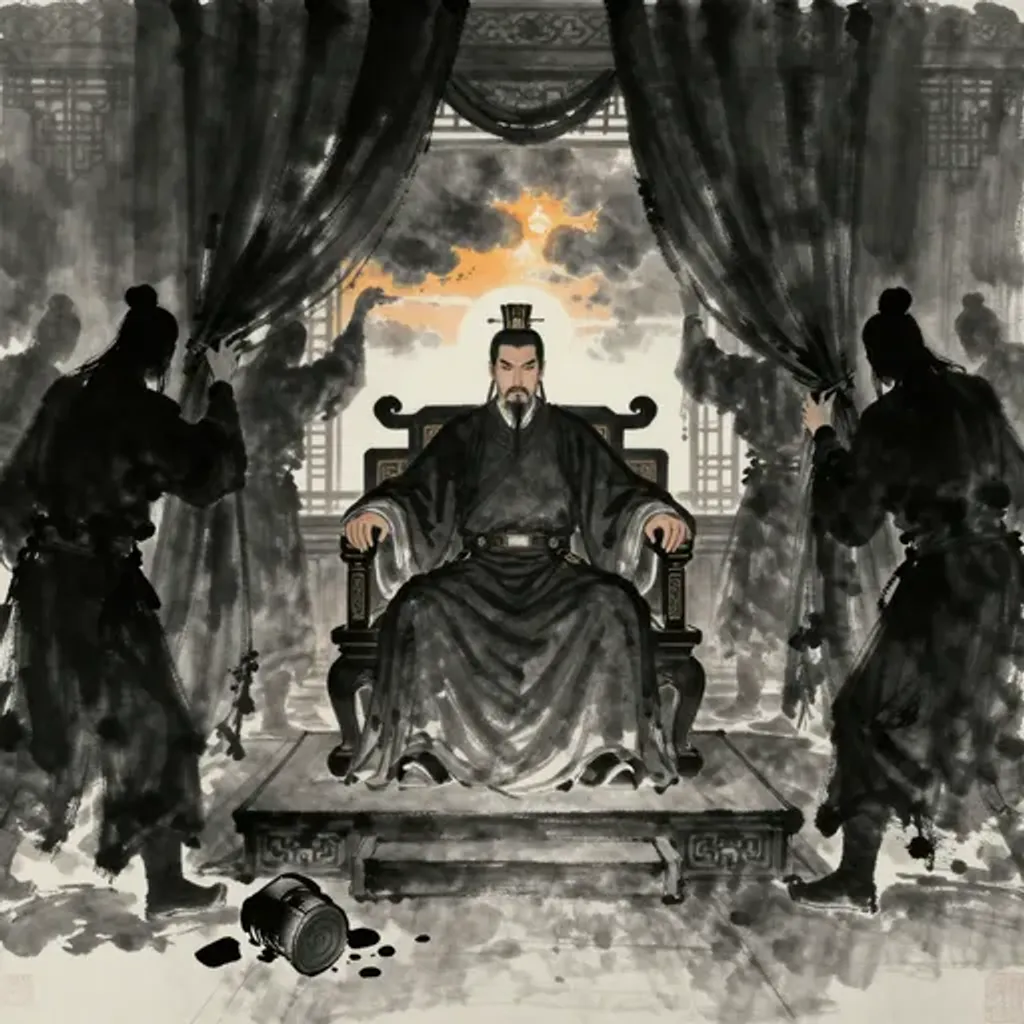 Ink brush artwork for the Yilin verse on Hexagram 44 changing to Hexagram 13