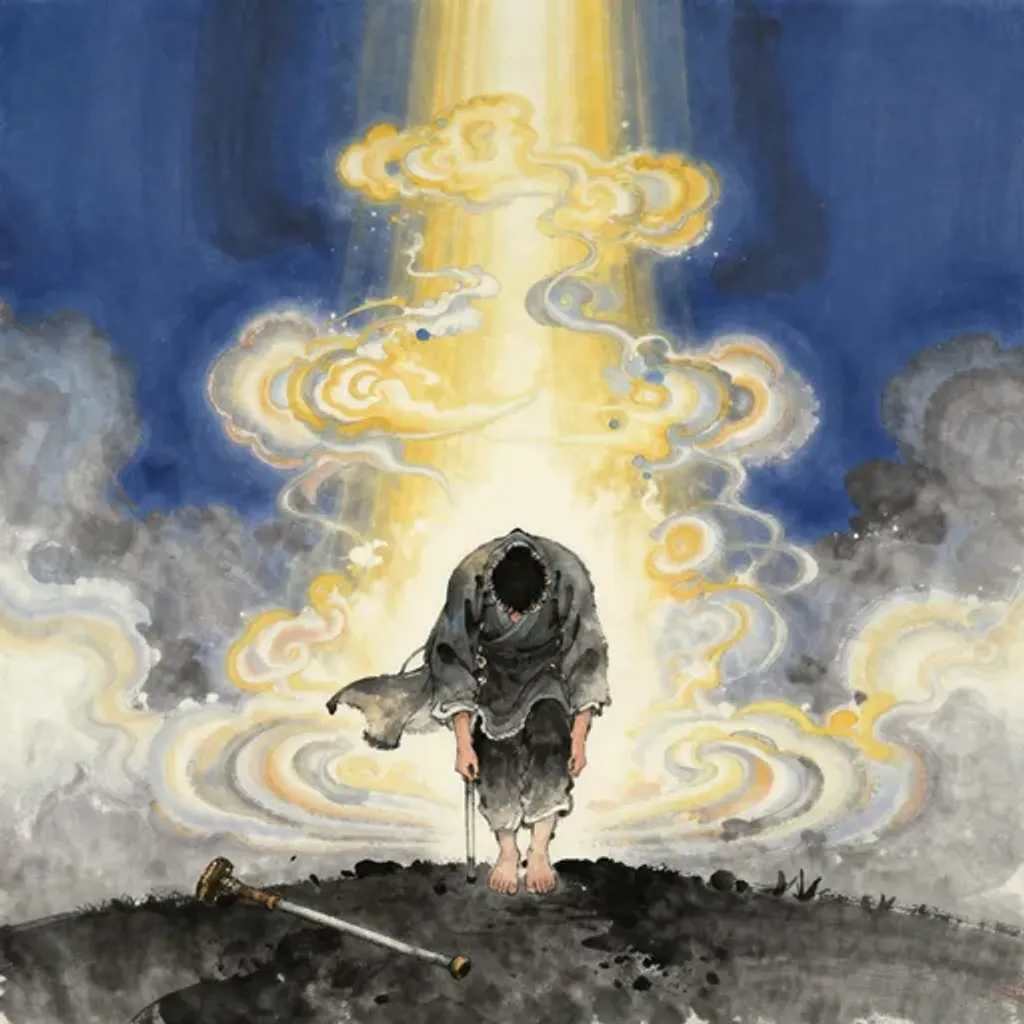 Ink brush artwork for the Yilin verse on Hexagram 44 changing to Hexagram 16