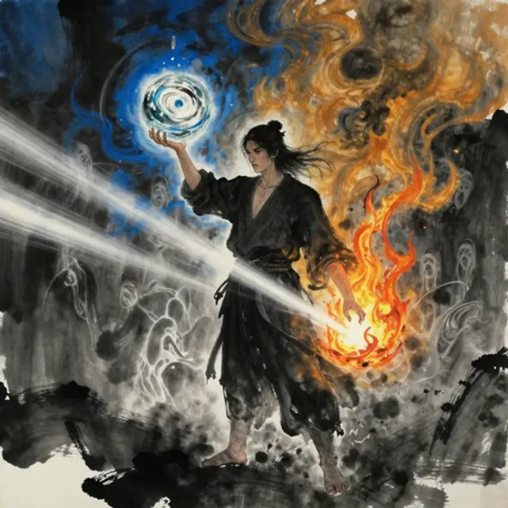 Ink brush artwork for the Yilin verse on Hexagram 44 changing to Hexagram 56