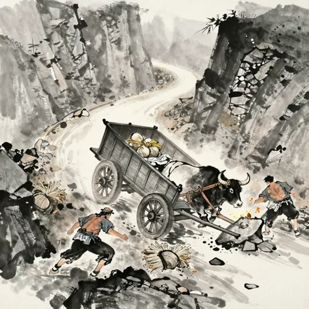 Ink brush artwork for the Yilin verse on Hexagram 44 changing to Hexagram 59