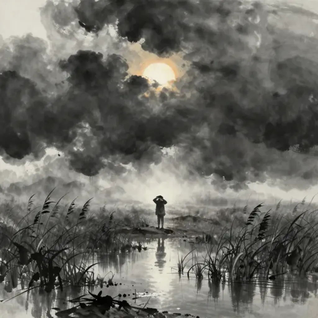 Ink brush artwork for the Yilin verse on Hexagram 45 changing to Hexagram 15
