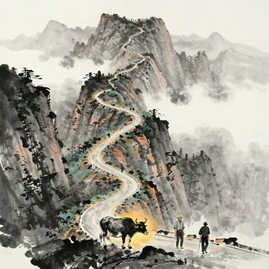 Ink brush artwork for the Yilin verse on Hexagram 45 changing to Hexagram 47