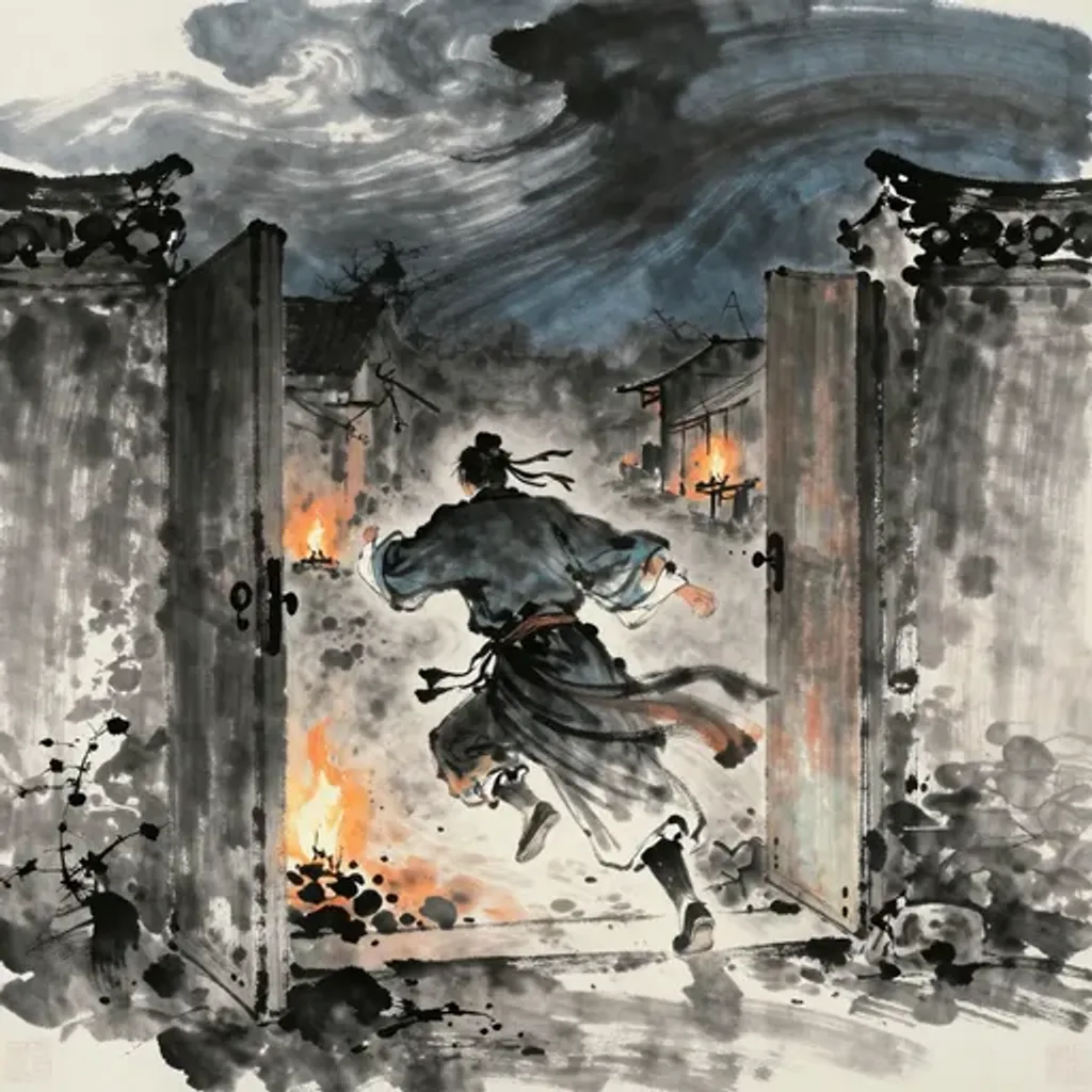 Ink brush artwork for the Yilin verse on Hexagram 45 changing to Hexagram 55
