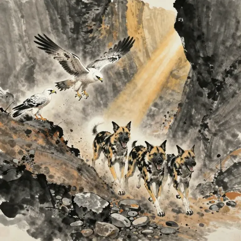 Ink brush artwork for the Yilin verse on Hexagram 46 changing to Hexagram 35