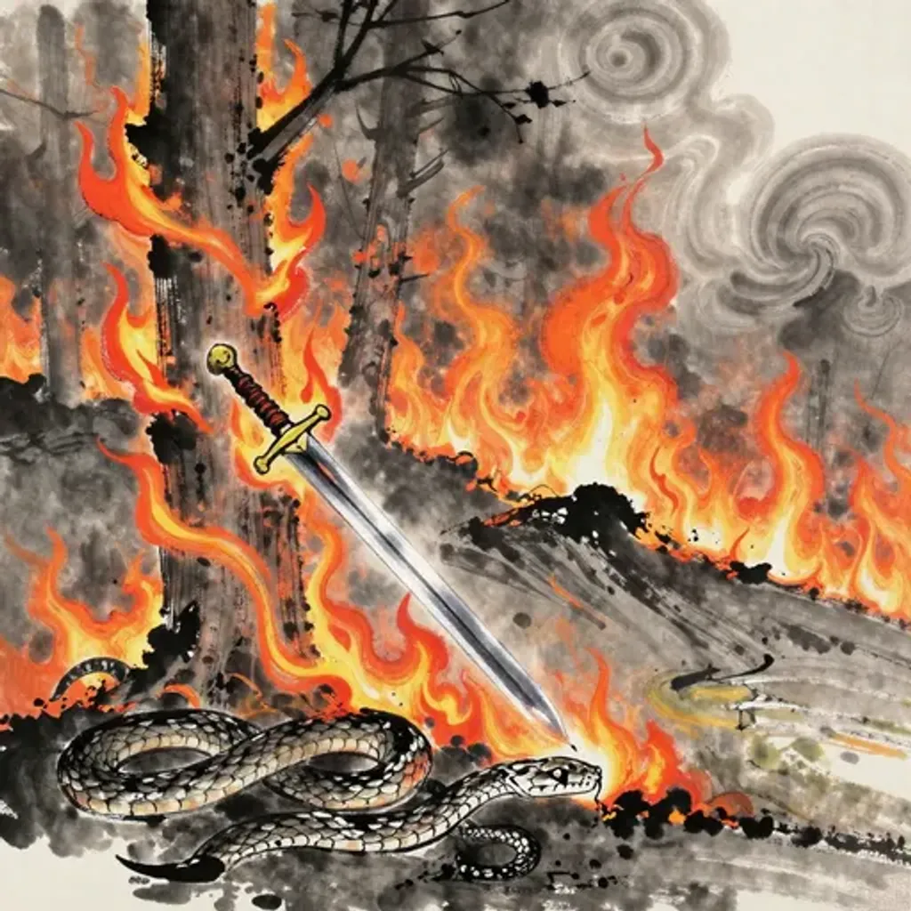 Ink brush artwork for the Yilin verse on Hexagram 46 changing to Hexagram 36