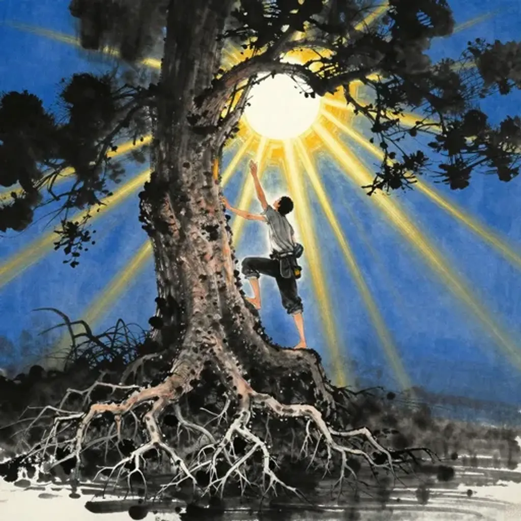 Ink brush artwork for the Yilin verse on Hexagram 46 changing to Hexagram 42