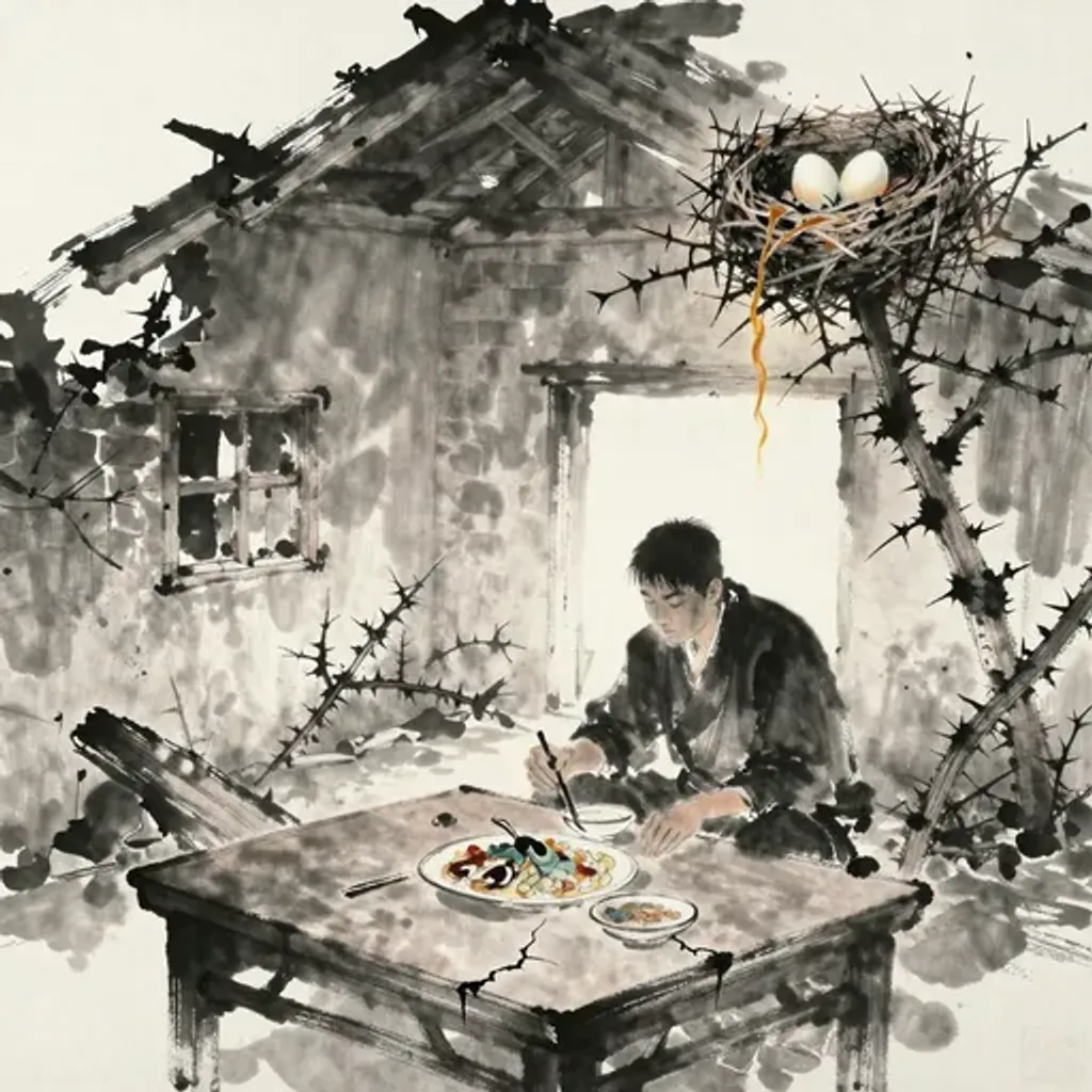 Ink brush artwork for the Yilin verse on Hexagram 46 changing to Hexagram 56