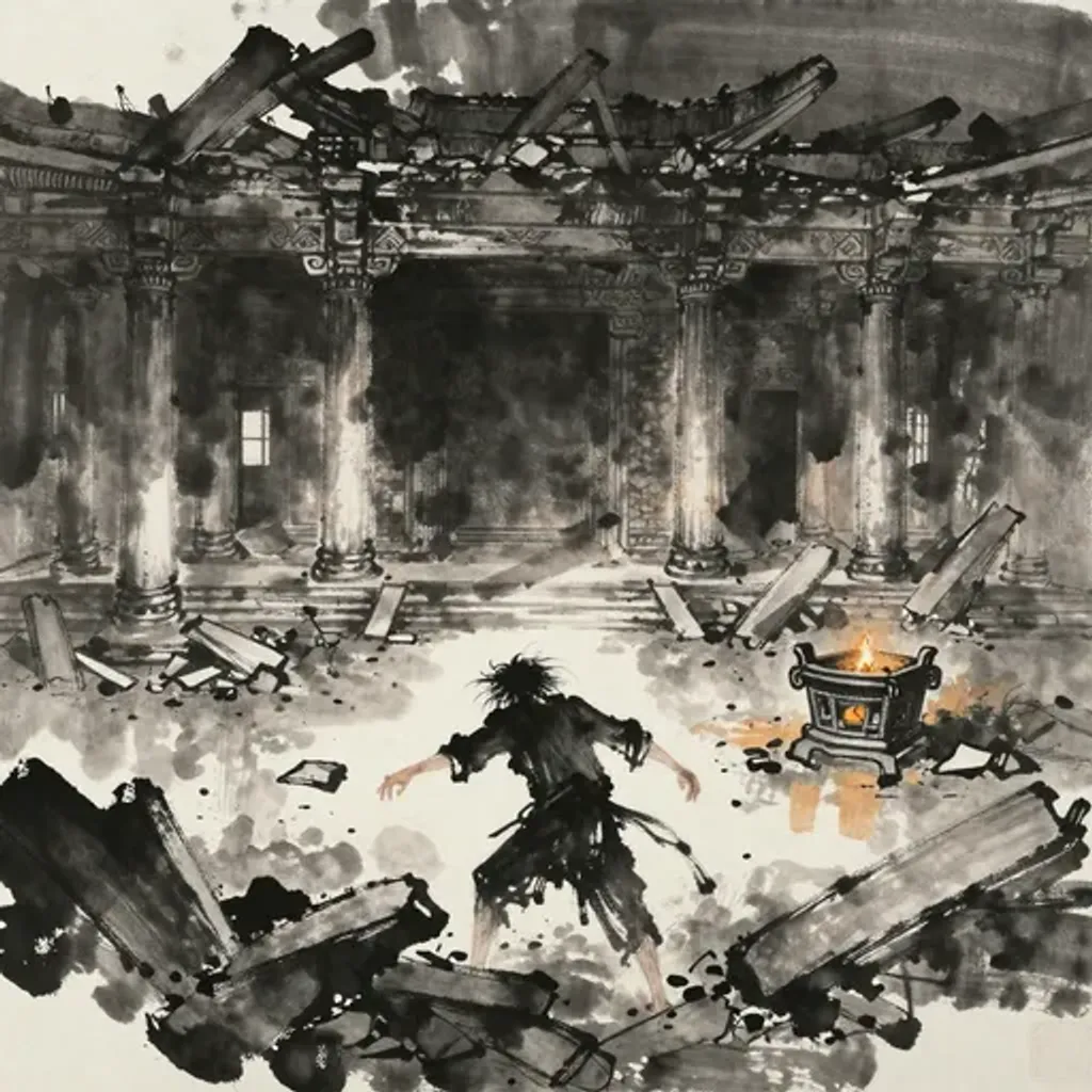 Ink brush artwork for the Yilin verse on Hexagram 49 changing to Hexagram 21