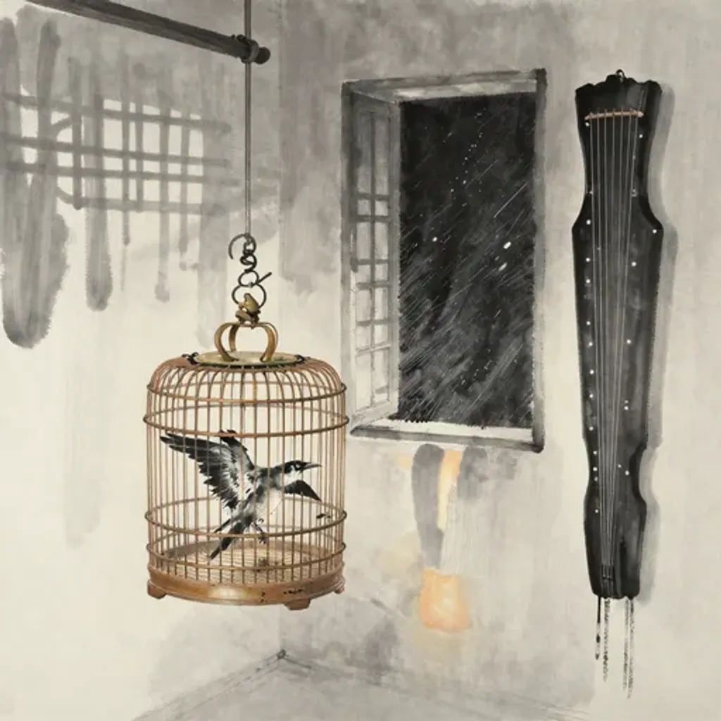 Ink brush artwork for the Yilin verse on Hexagram 49 changing to Hexagram 39