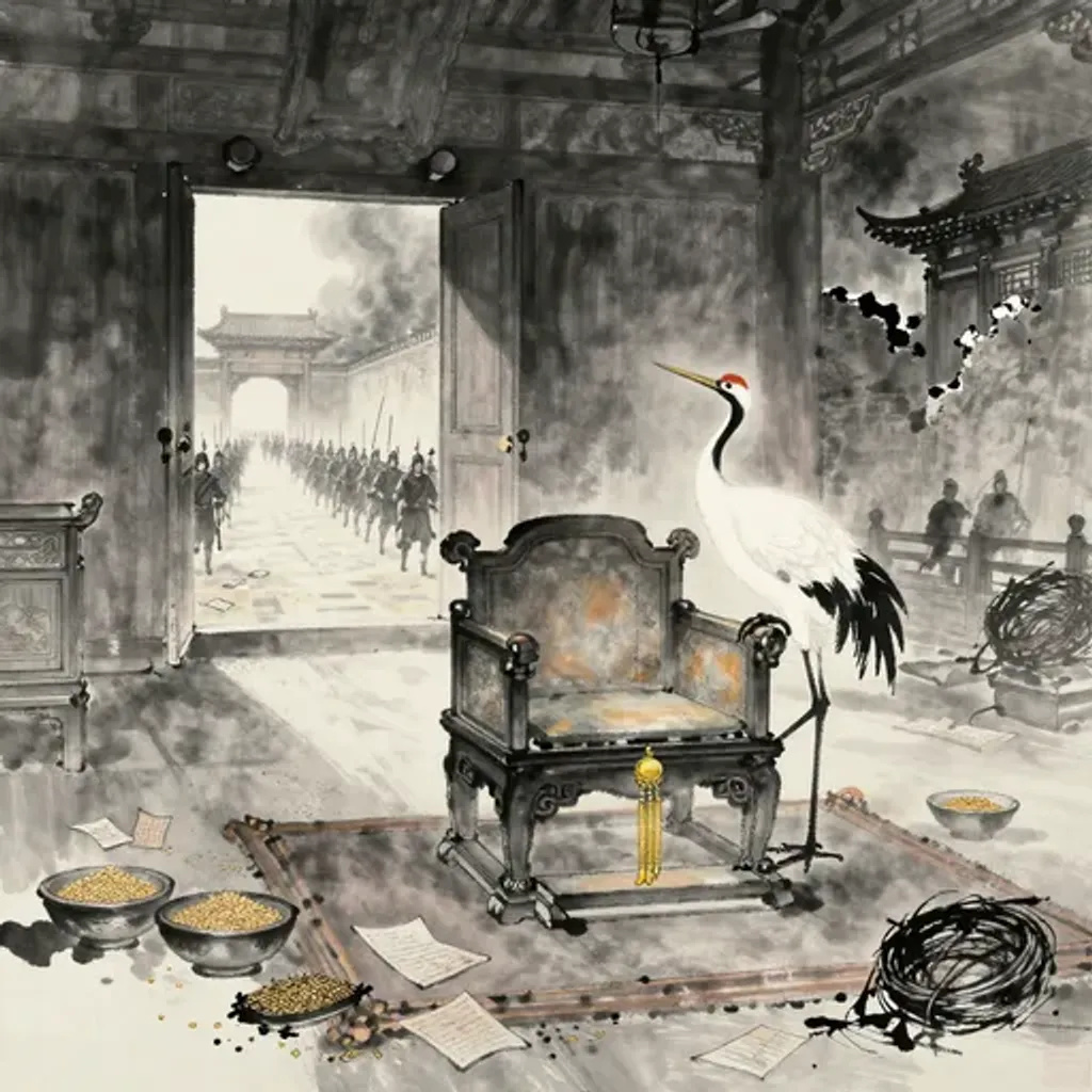 Ink brush artwork for the Yilin verse on Hexagram 49 changing to Hexagram 42