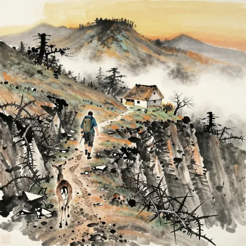 Ink brush artwork for the Yilin verse on Hexagram 49 changing to Hexagram 45
