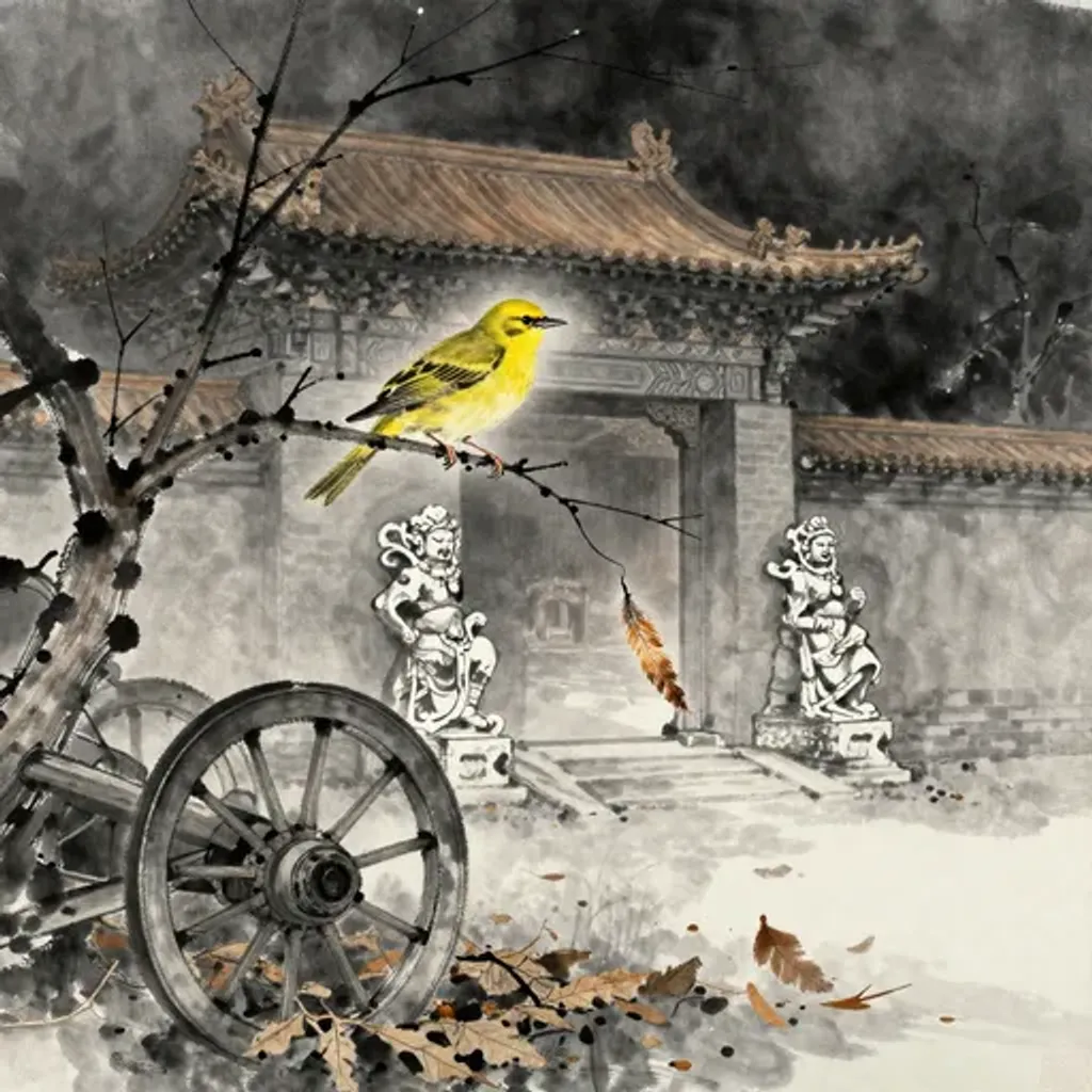 Ink brush artwork for the Yilin verse on Hexagram 49 changing to Hexagram 9